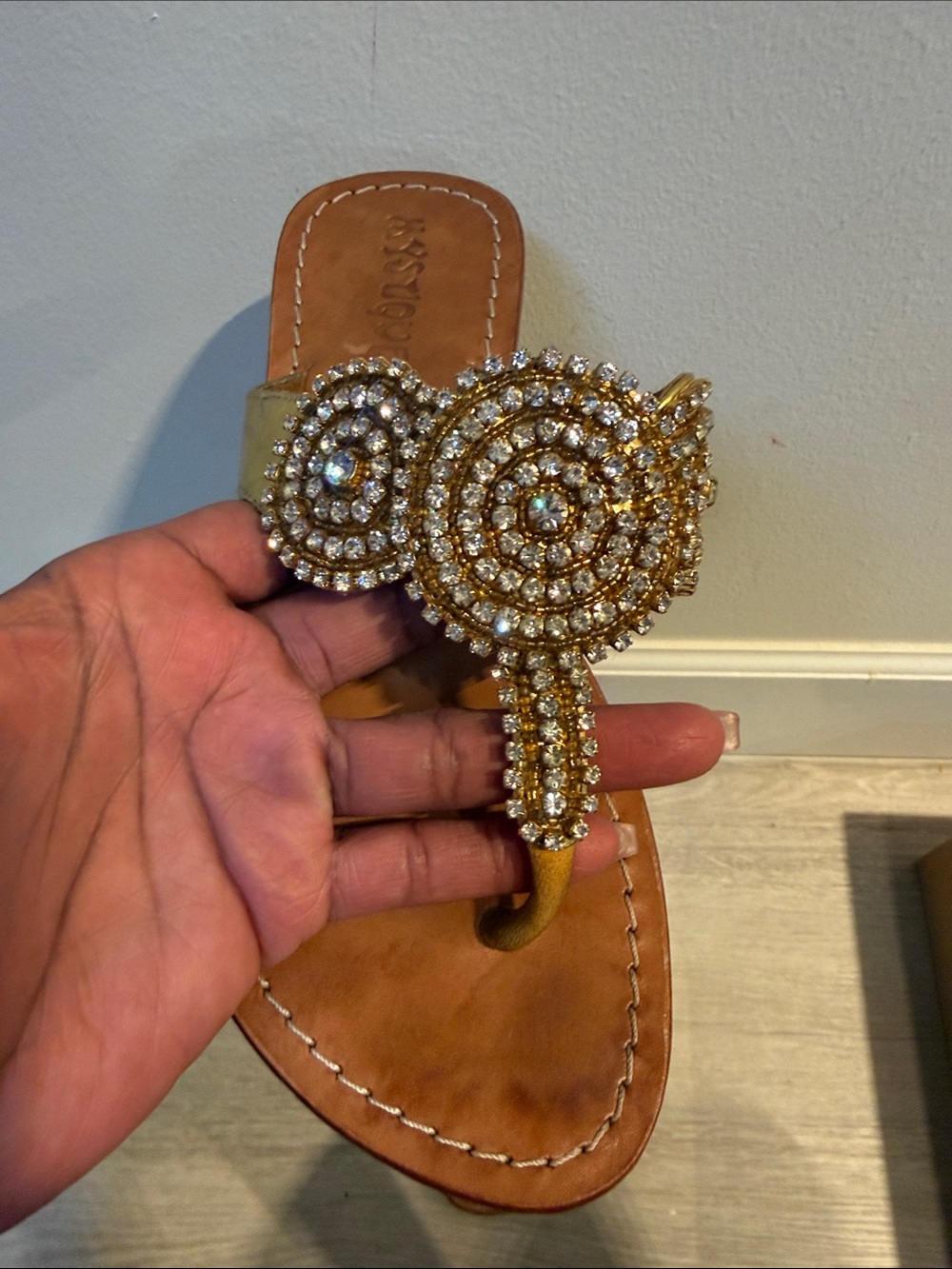 Embellished Gold Crystal T-Strap Sandal